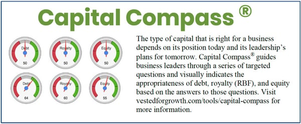 The type of capital that is right for a business depends on its position today and its leadership’s plans for tomorrow. Capital Compass guides business leaders through a series of targeted questions and visually indicates the appropriateness of debt, royalty (RBF), and equity based on the answers to those questions. Visit https://vestedforgrowth.com/tools/capital-compass for more information.